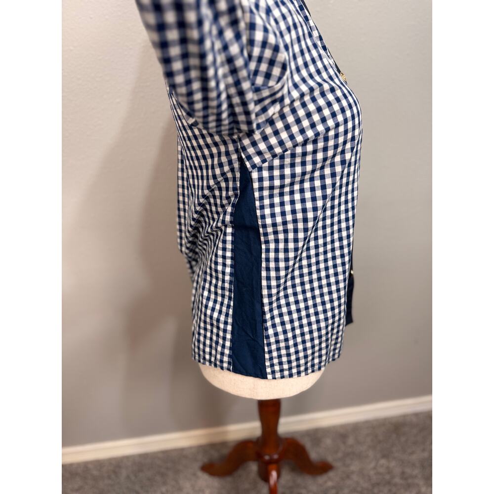 Tory Burch blouse navy blue white gingham long sleeve logo buttons epaulettes  6 - Picture 5 of 12